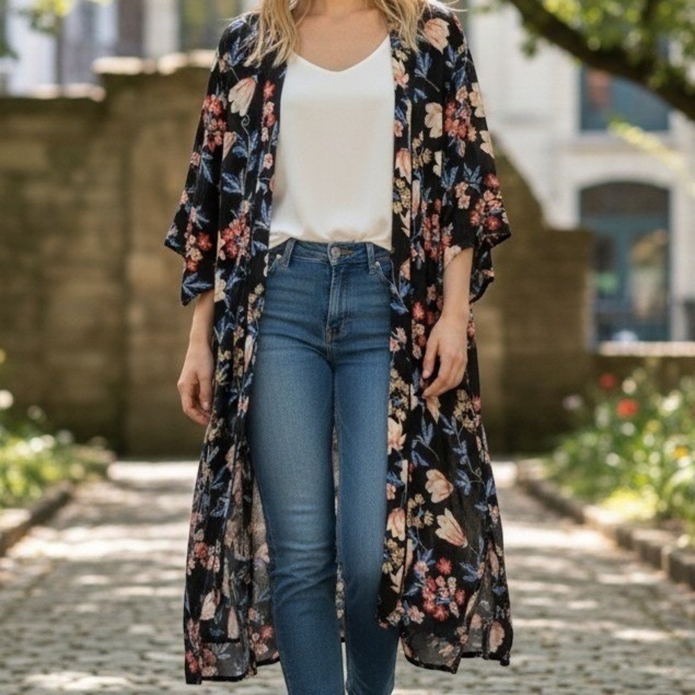 Monteau Floral Kimono Duster Women‎ S Black Pink Long Open Front Boho New Whimsy